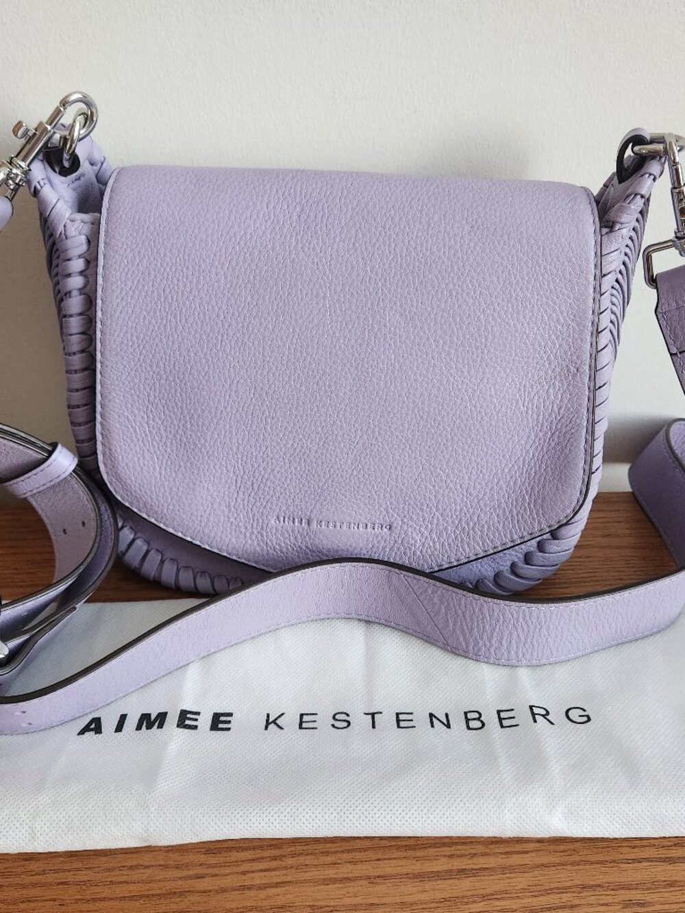 AIMEE KESTENBERG “ALL FOR LOVE ” SADDLE CROSSBODY BAG IN LAVENDER PEBBLE LEATHER